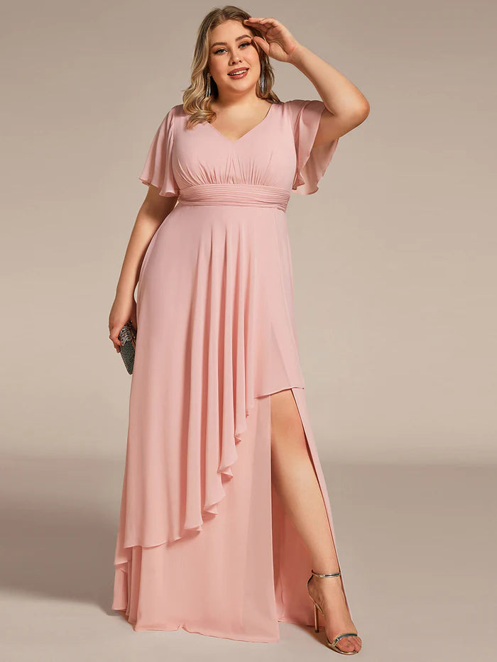 Plus Side Split V Neck Ruched Chiffon Evening Dresses - CALABRO®