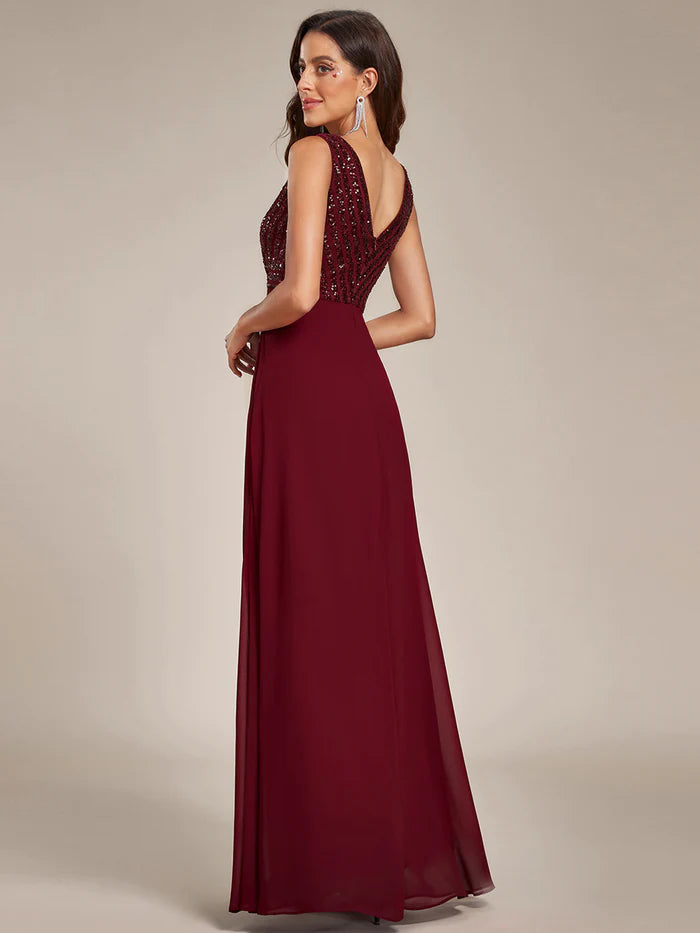 Sleeveless V Neck Sequin & Chiffon Bridesmaid Dress - CALABRO®