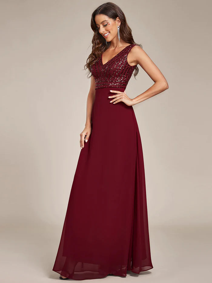 Sleeveless V Neck Sequin & Chiffon Bridesmaid Dress - CALABRO®