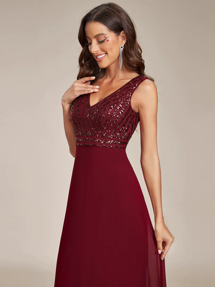 Sleeveless V Neck Sequin & Chiffon Bridesmaid Dress - CALABRO®