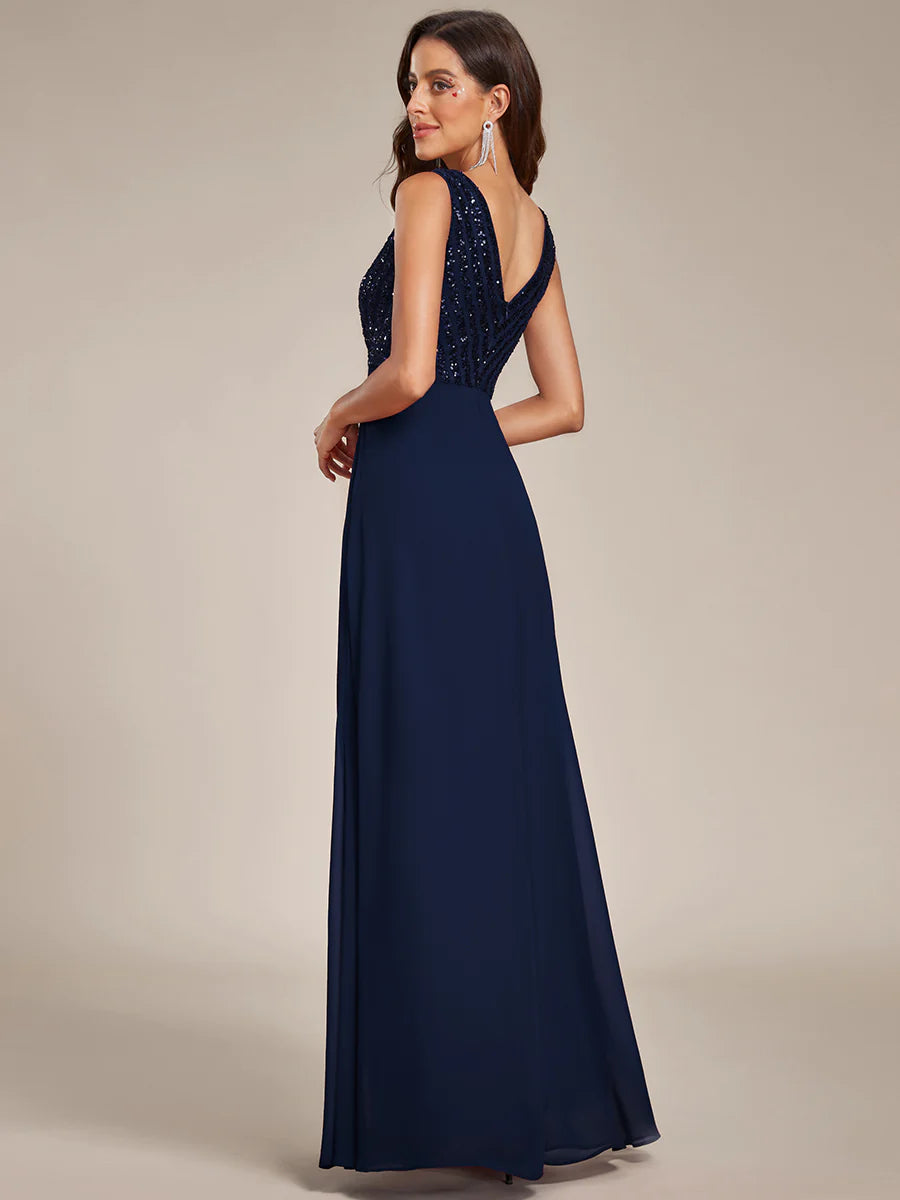 Sleeveless V Neck Sequin & Chiffon Bridesmaid Dress - CALABRO®