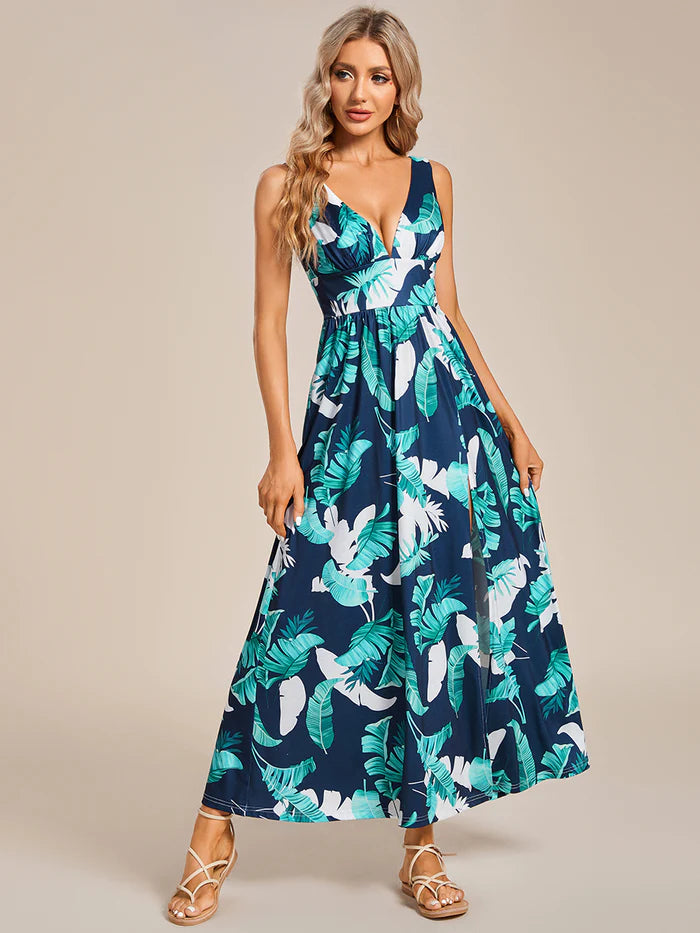 Tea Length Side Split Printed Evening Dresses With Belt - CALABRO®