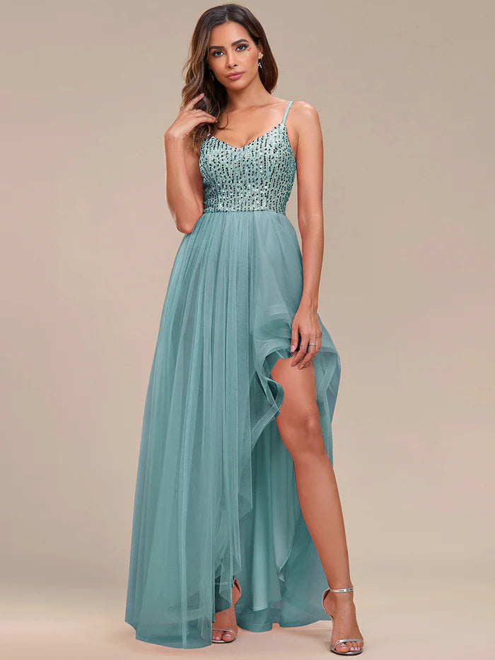 Spaghetti Straps Asymmetric Sequin Tulle Evening Dress - CALABRO®