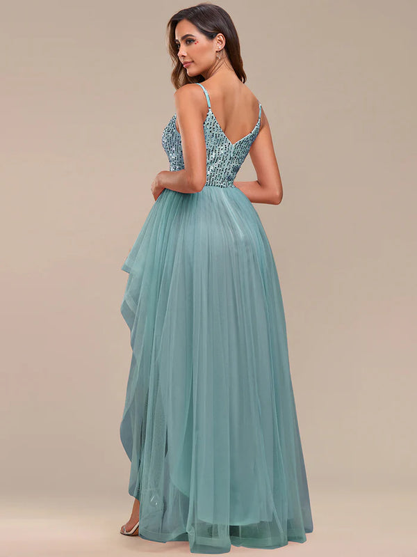 Spaghetti Straps Asymmetric Sequin Tulle Evening Dress