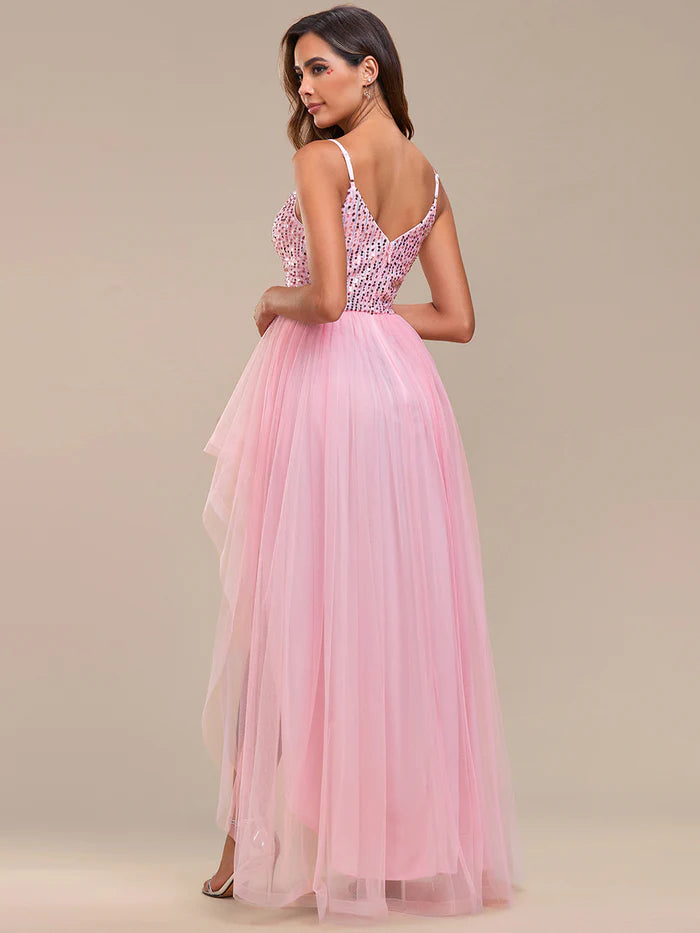 Spaghetti Straps Asymmetric Sequin Tulle Evening Dress - CALABRO®