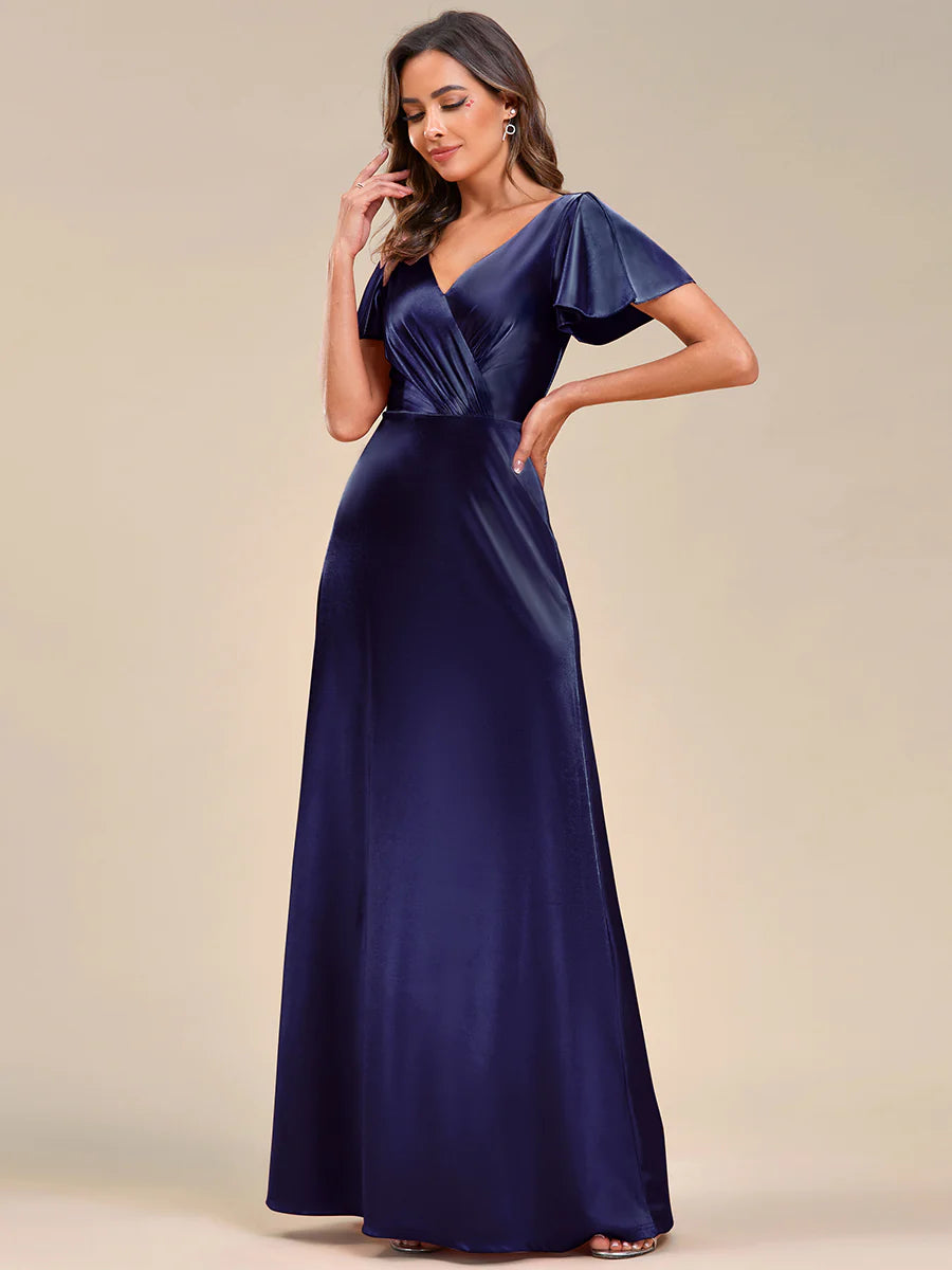 V-Neck Fit A-Line Floor Longth Ruffles Sleeve Satin Evening Dress - CALABRO®