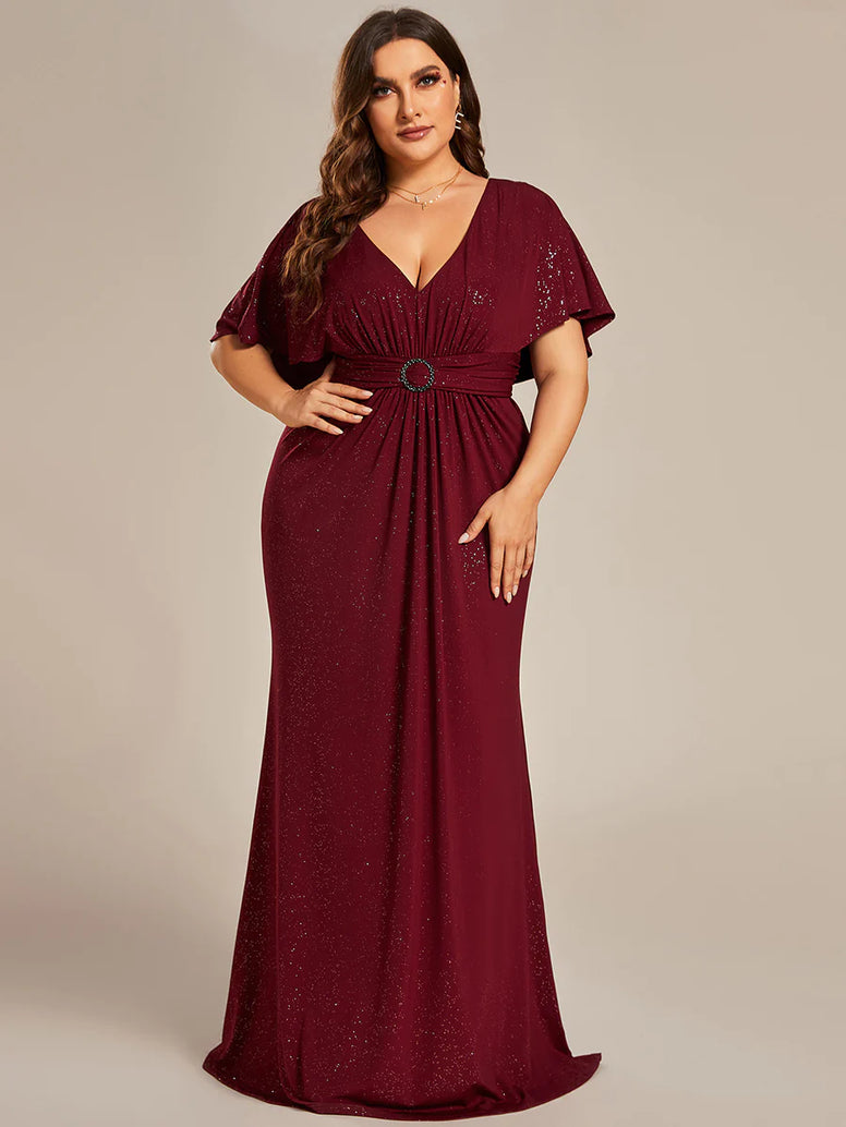 Sparkly Deep V Neck Pleated Plus Size Evening Dresses With Belt