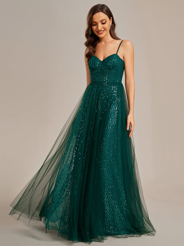 Exquisite Empire Waist Sequin Shiny A-Line Floor Length Sweetheart Neckline Spaghetti Straps Evening Dress