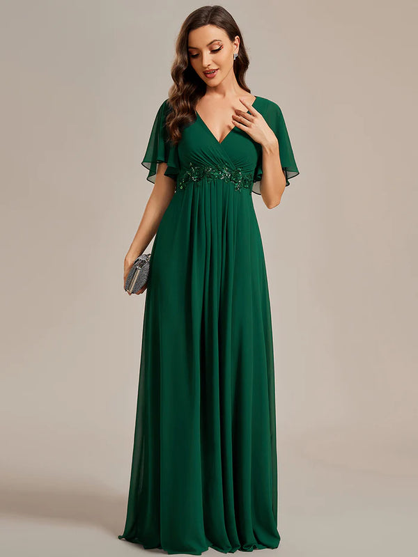 V Neck Appliques Pleated Bridesmaid Dress