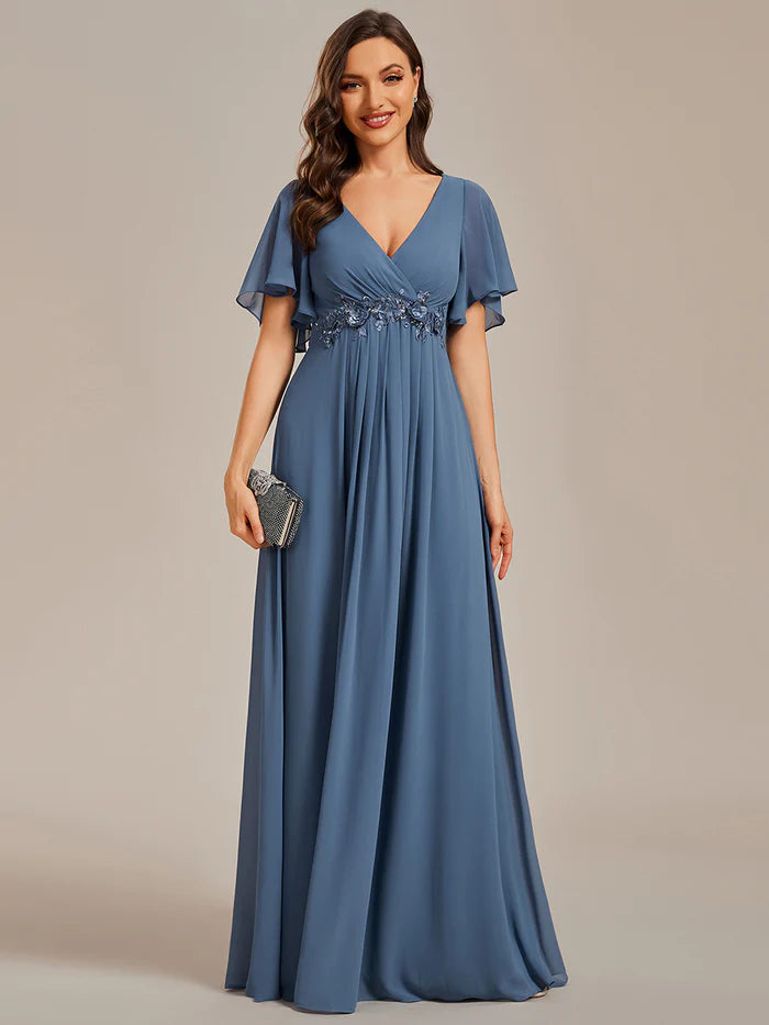 V Neck Appliques Pleated Bridesmaid Dress - CALABRO®