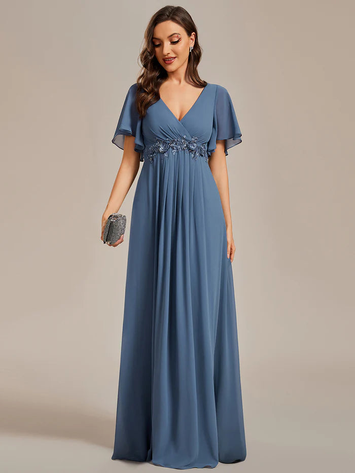 V Neck Appliques Pleated Bridesmaid Dress - CALABRO®