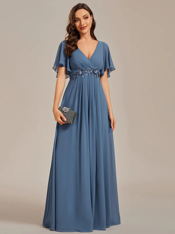 V Neck Appliques Pleated Bridesmaid Dress