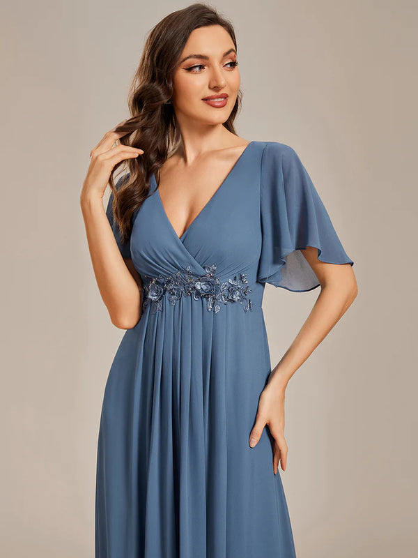 V Neck Appliques Pleated Bridesmaid Dress