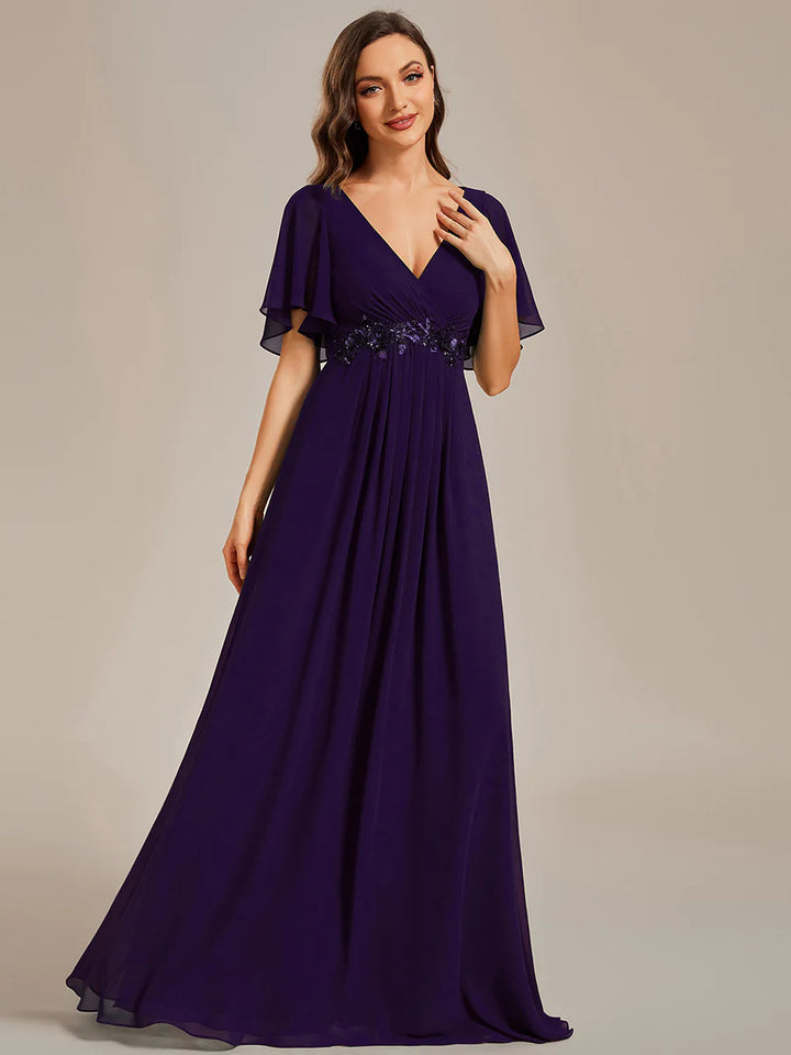 V Neck Appliques Pleated Bridesmaid Dress - CALABRO®