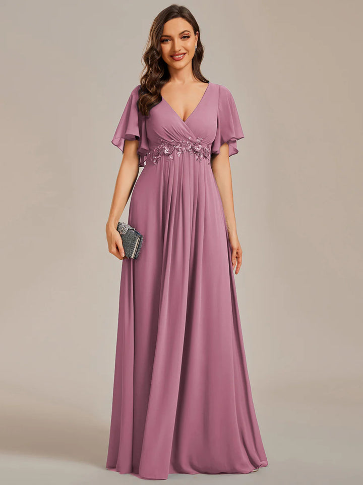 V Neck Appliques Pleated Bridesmaid Dresses