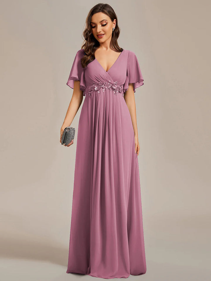V Neck Appliques Pleated Bridesmaid Dresses