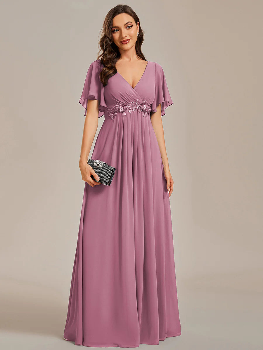 V Neck Appliques Pleated Bridesmaid Dresses