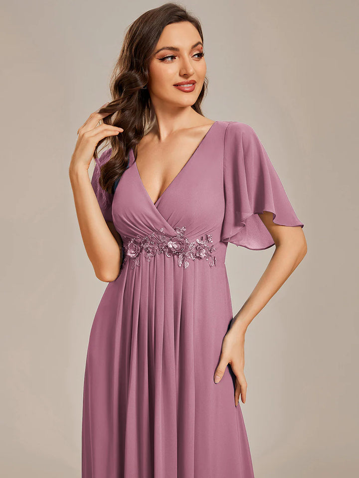 V Neck Appliques Pleated Bridesmaid Dresses