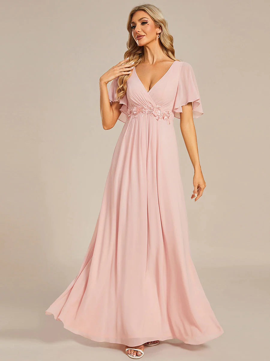 V Neck Appliques Pleated Bridesmaid Dress - CALABRO®