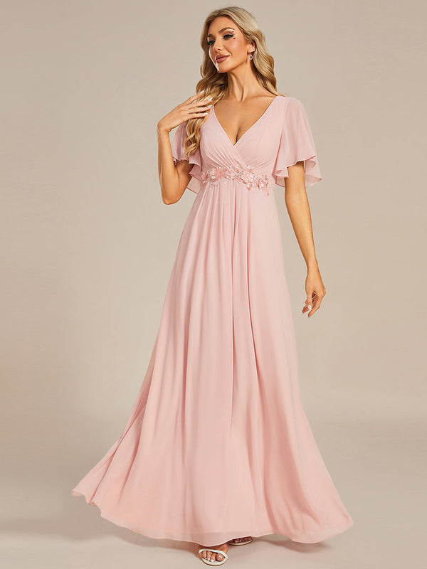 V Neck Appliques Pleated Bridesmaid Dresses