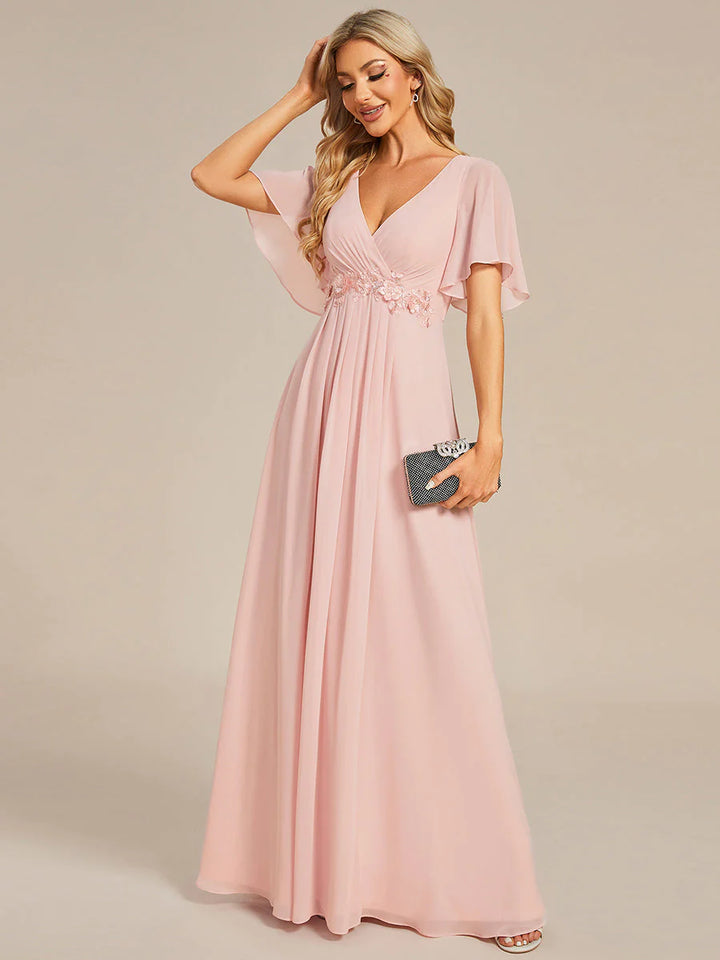 V Neck Appliques Pleated Bridesmaid Dress - CALABRO®