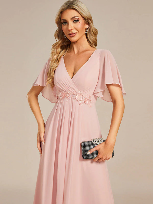 V Neck Appliques Pleated Bridesmaid Dress