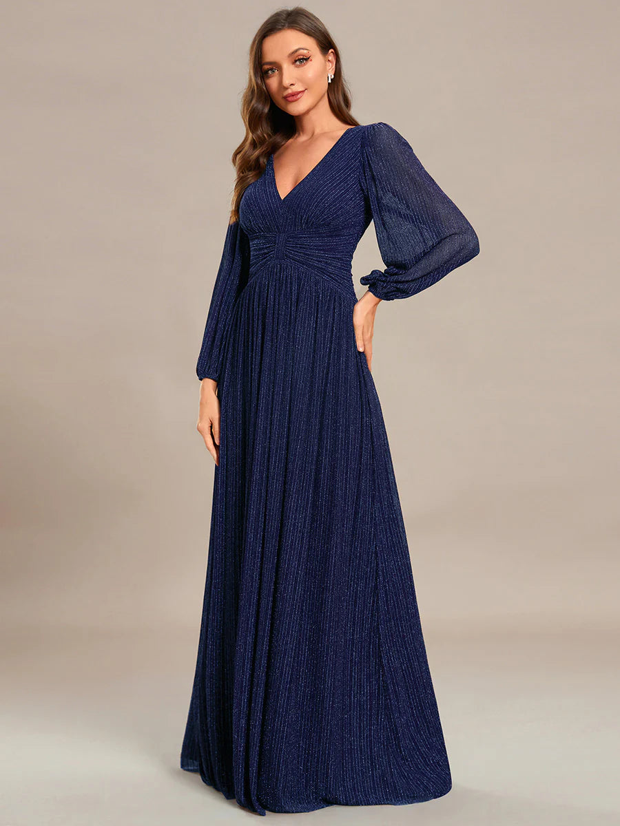 Maxi Long Chiffon Waist V Neck Evening Dress with Long Sleeves - CALABRO®