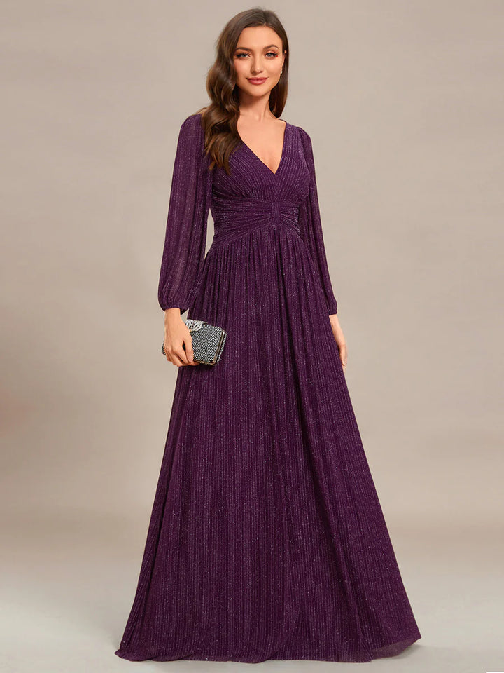 Maxi Long Chiffon Waist V Neck Evening Dress with Long Sleeves - CALABRO®