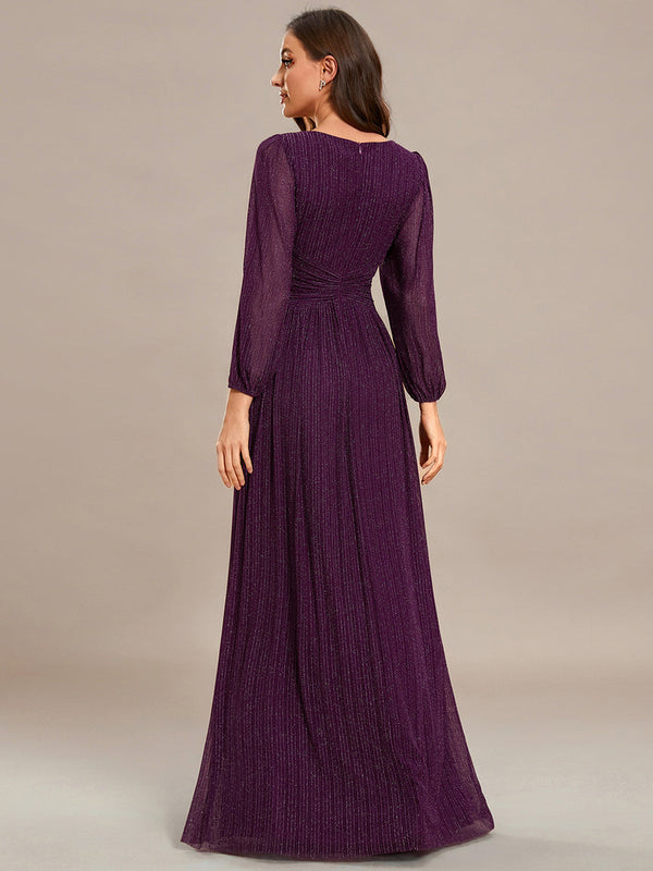 Maxi Long Chiffon Waist V Neck Evening Dress with Long Sleeves