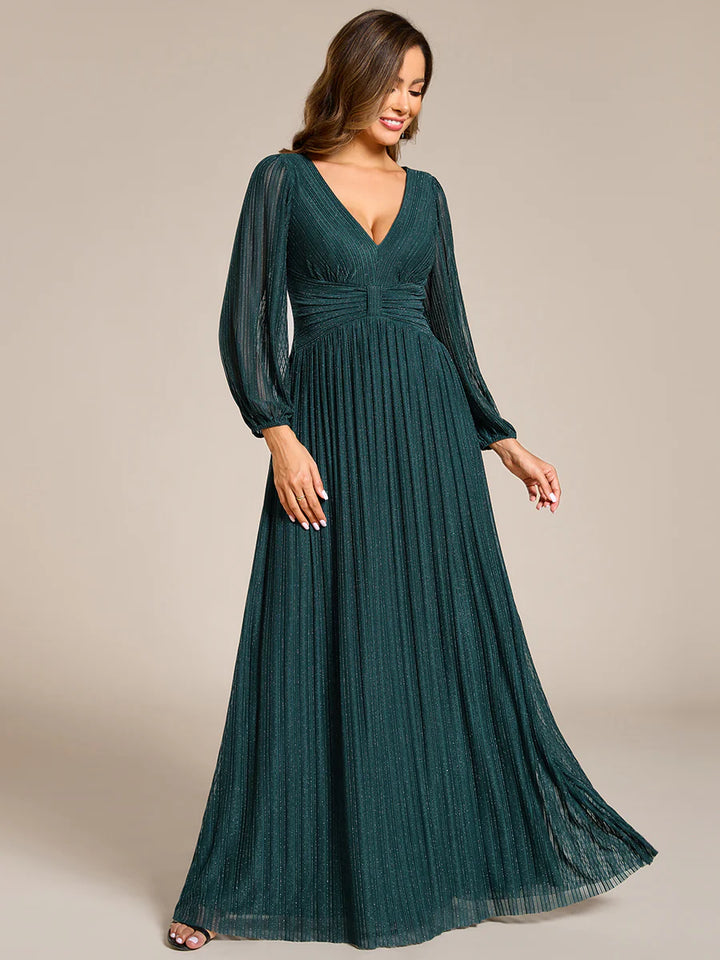 Maxi Long Chiffon Waist V Neck Evening Dress with Long Sleeves - CALABRO®