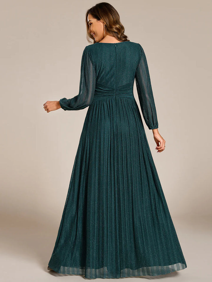 Maxi Long Chiffon Waist V Neck Evening Dress with Long Sleeves - CALABRO®