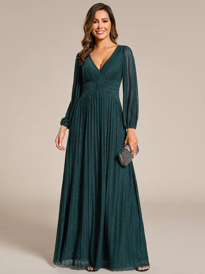 Maxi Long Chiffon Waist V Neck Evening Dress with Long Sleeves - CALABRO®