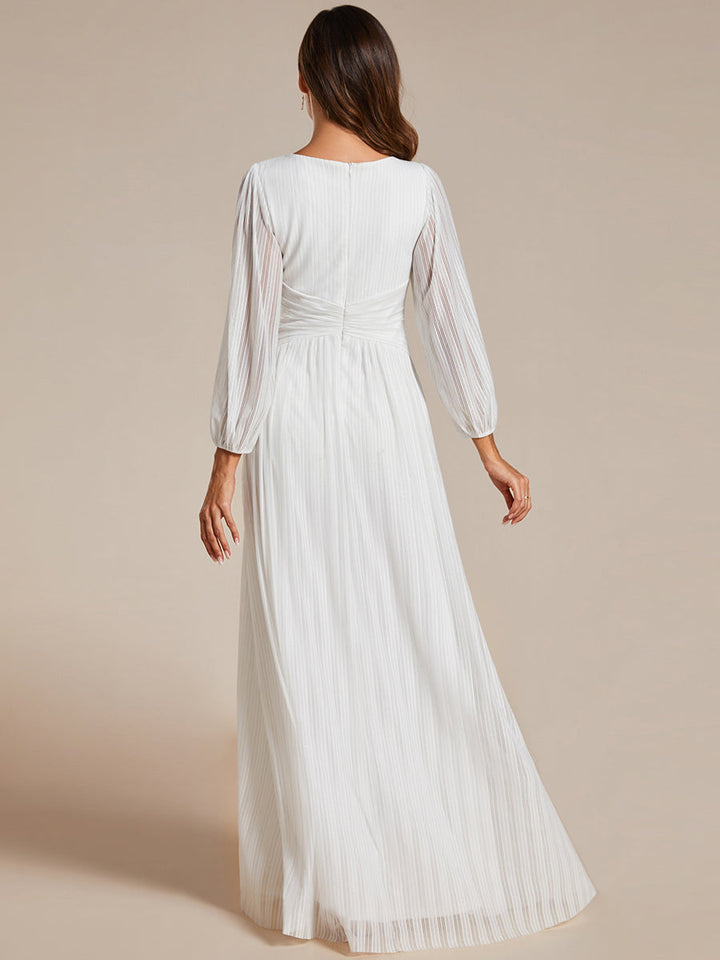 Maxi Long Chiffon Waist V Neck Wedding Dress with Long Sleeves - CALABRO®