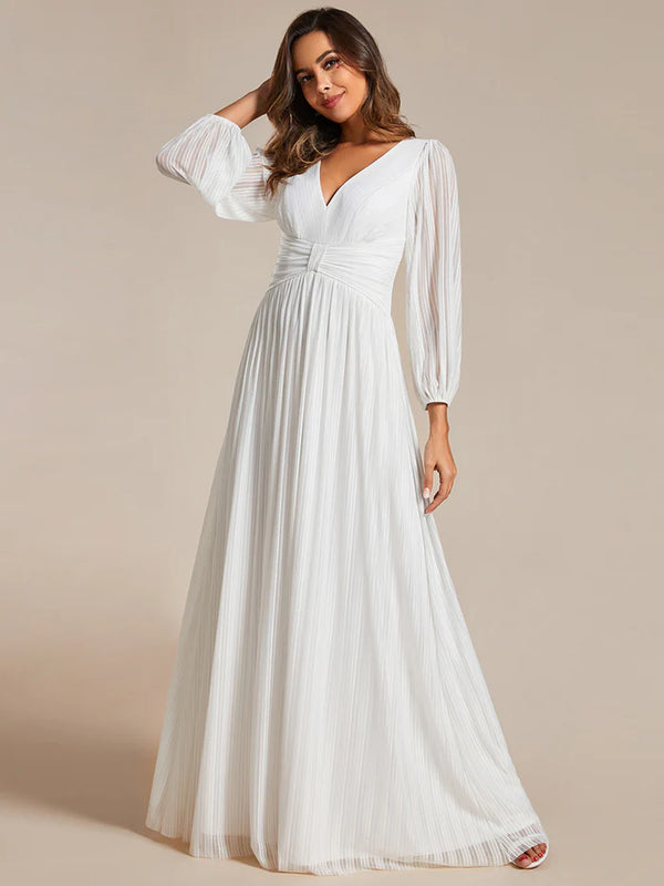 Maxi Long Chiffon Waist V Neck Evening Dress with Long Sleeves