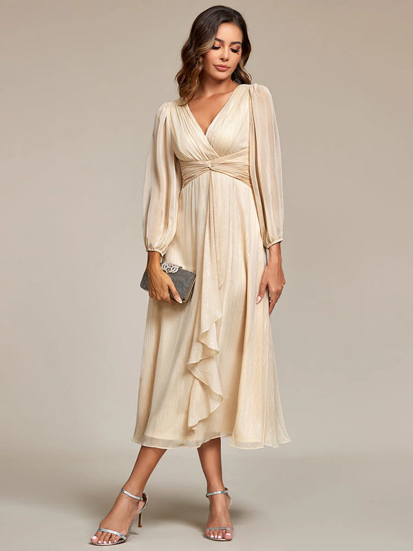 Shiny Chiffon Wedding Guest Evening Dresses with Long Sleeve