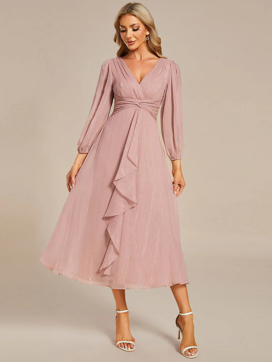 Shiny Chiffon Wedding Guest Dresses with Long Sleeve