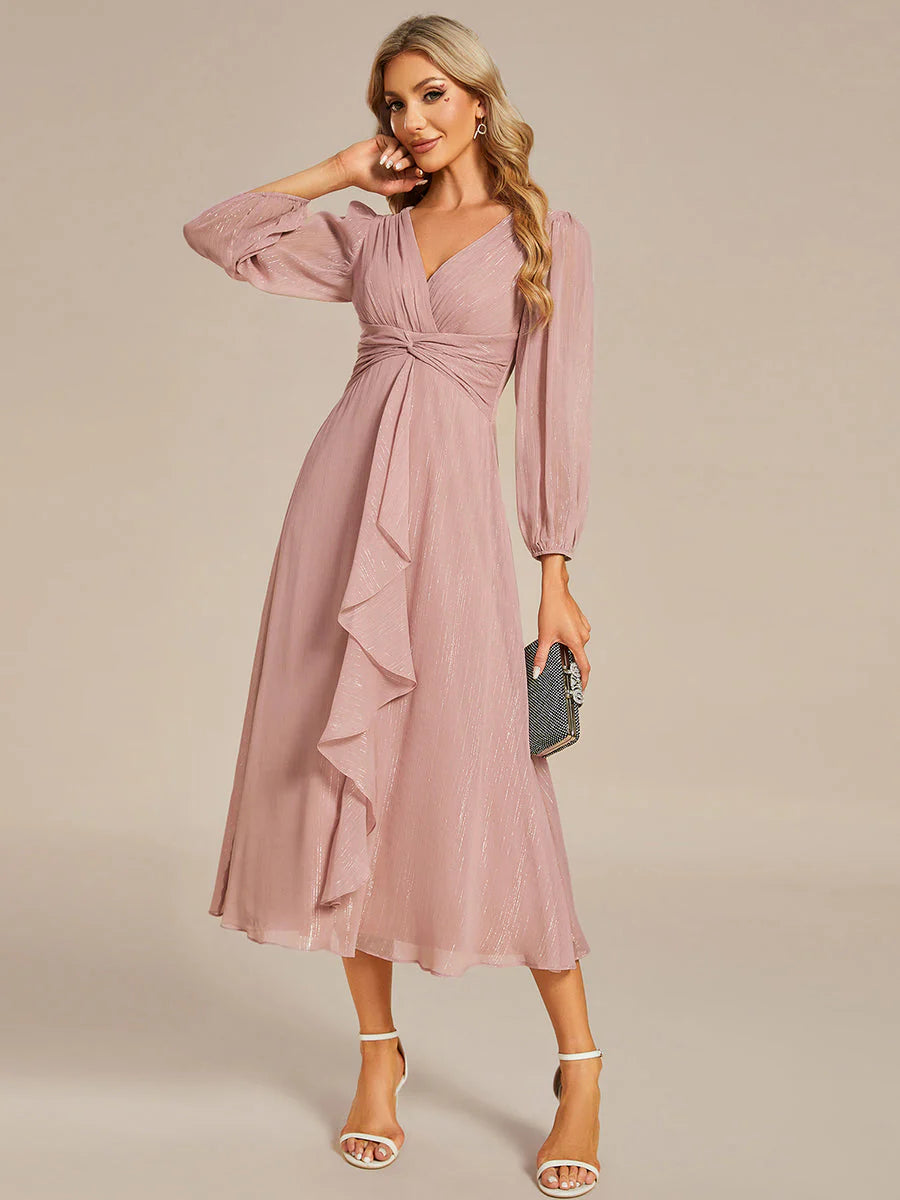 Shiny Chiffon Wedding Guest Dresses with Long Sleeve