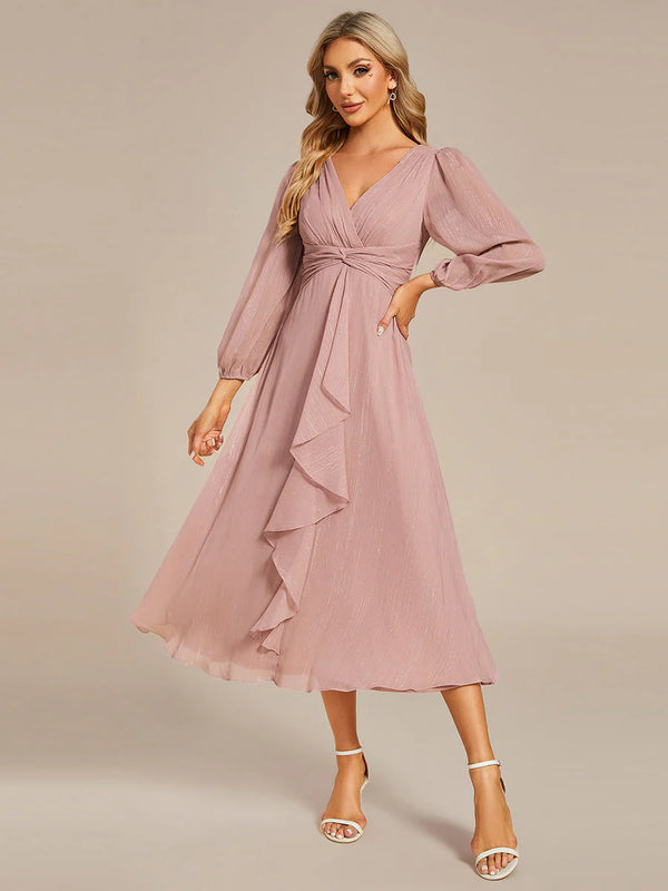 Shiny Chiffon Wedding Guest Evening Dresses with Long Sleeve