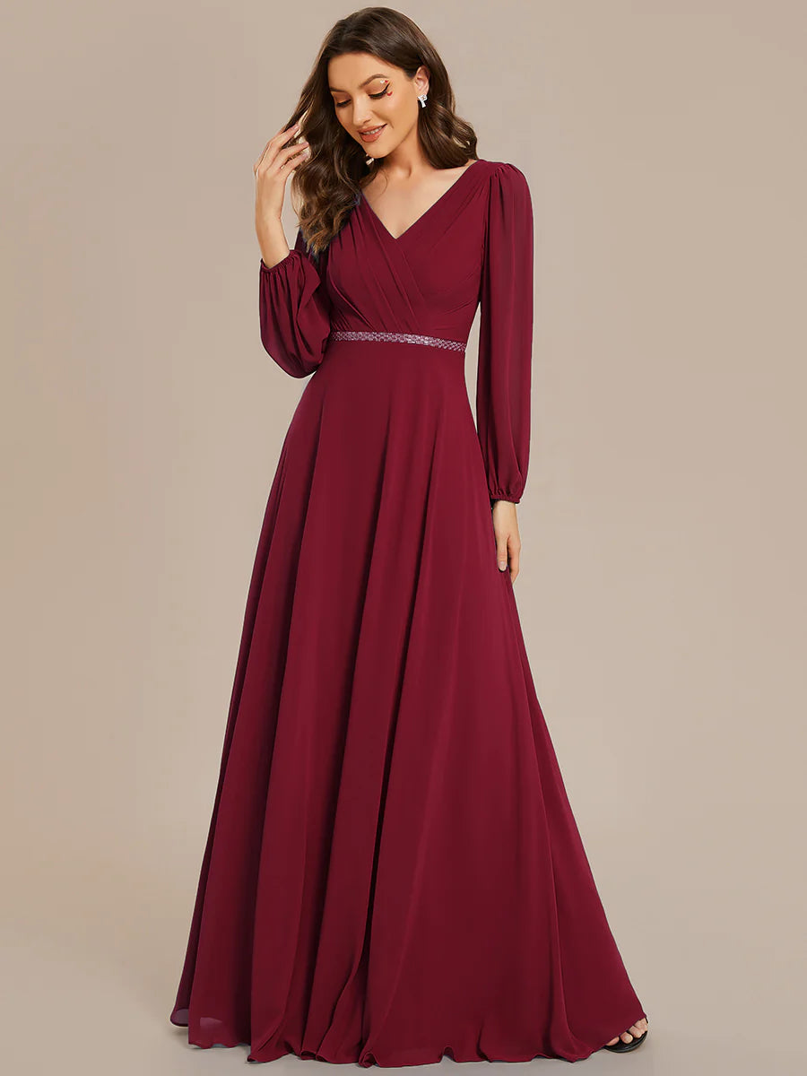 Elegant Waisted Chiffon V-neck Long Sleeve Bridesmaid Dress - CALABRO®