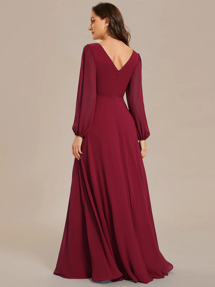 Elegant Waisted Chiffon V-neck Long Sleeve Bridesmaid Dress - CALABRO®