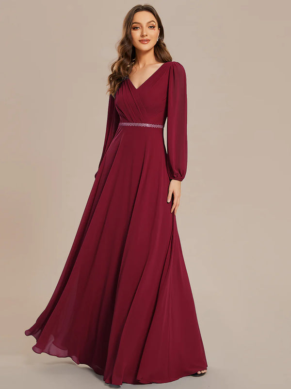 Elegant Waisted Chiffon V-neck Long Sleeve Bridesmaid Dress