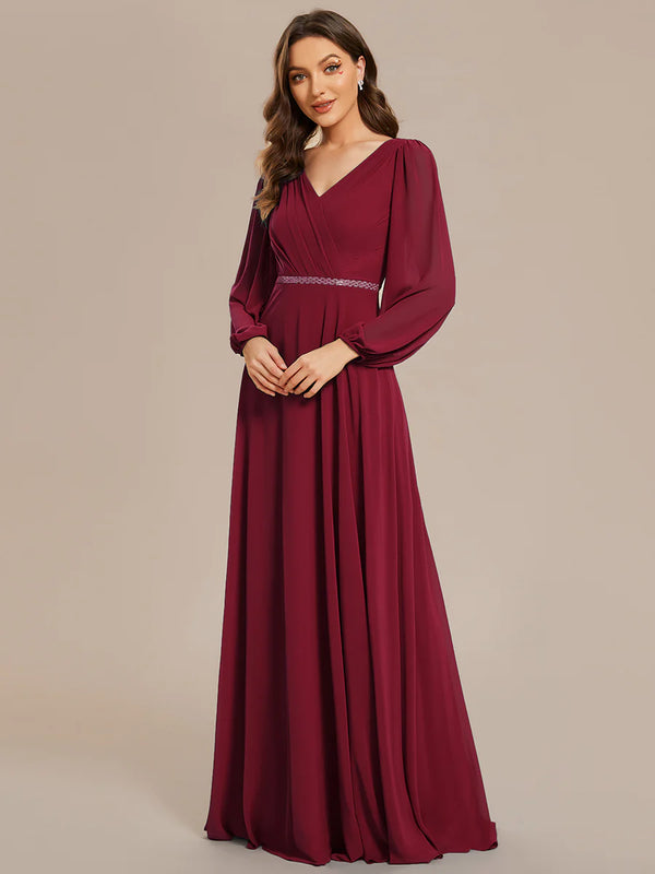 Elegant Waisted Chiffon V-neck Long Sleeve Bridesmaid Dress