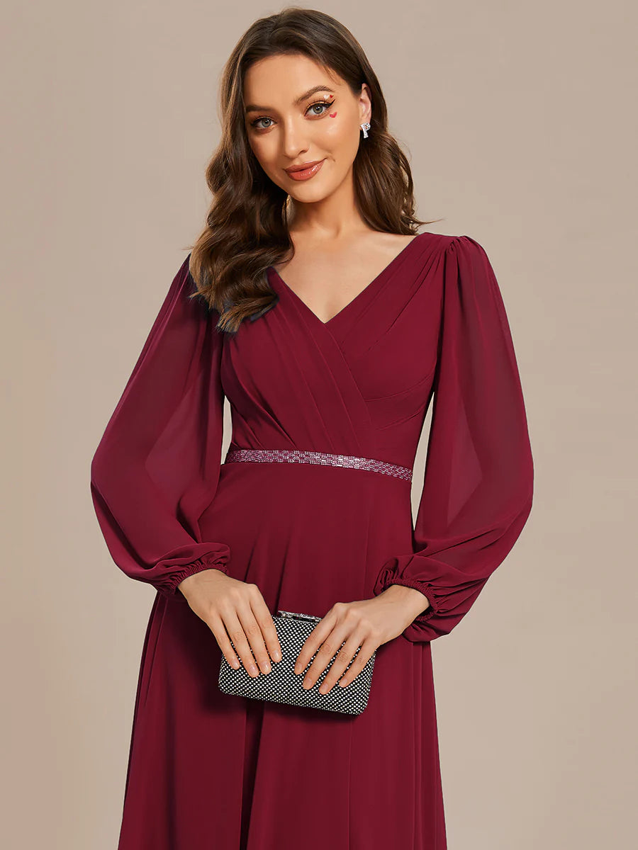 Elegant Waisted Chiffon V-neck Long Sleeve Bridesmaid Dress - CALABRO®