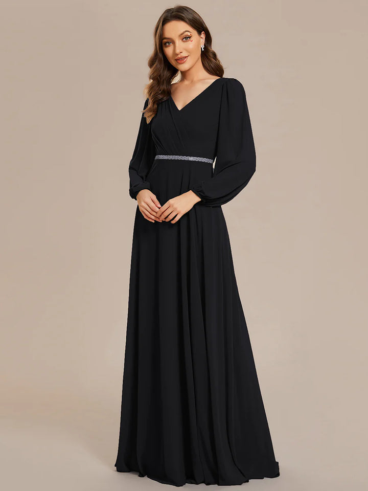 Elegant Waisted Chiffon V-neck Long Sleeve Bridesmaid Dress - CALABRO®