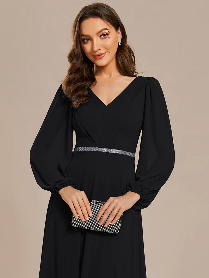 Elegant Waisted Chiffon V-neck Long Sleeve Bridesmaid Dress - CALABRO®