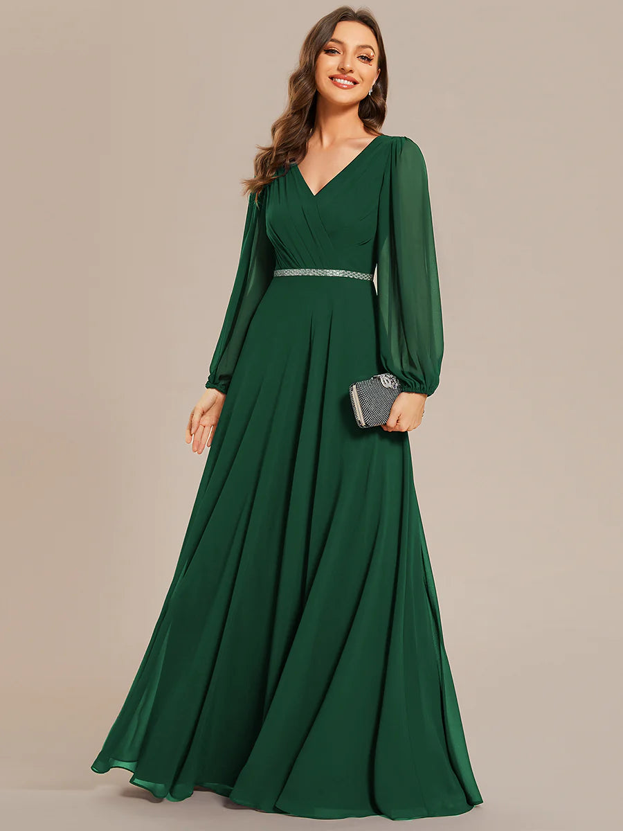 Elegant Waisted Chiffon V-neck Long Sleeve Bridesmaid Dress - CALABRO®