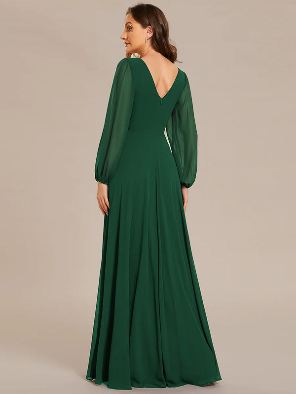 Elegant Waisted Chiffon V-neck Long Sleeve Bridesmaid Dress