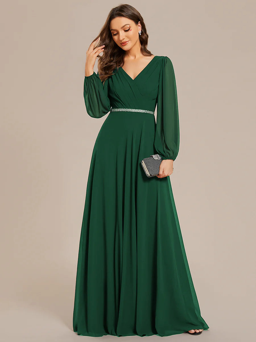 Elegant Waisted Chiffon V-neck Long Sleeve Bridesmaid Dress - CALABRO®