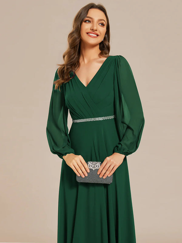 Elegant Waisted Chiffon V-neck Long Sleeve Bridesmaid Dress