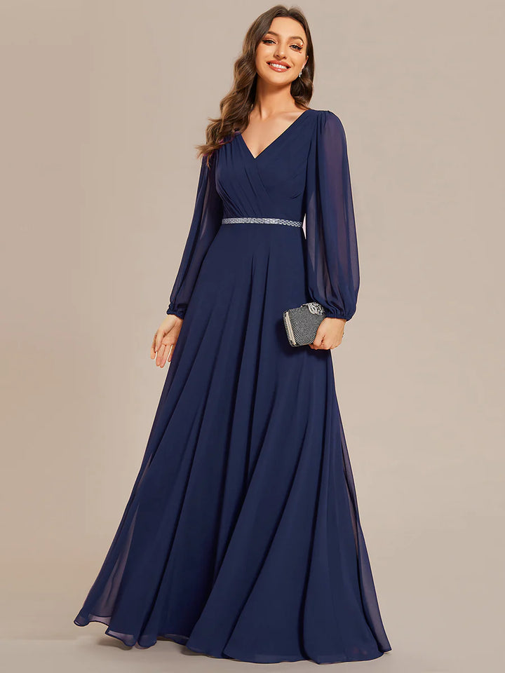 Elegant Waisted Chiffon V-neck Long Sleeve Bridesmaid Dress - CALABRO®